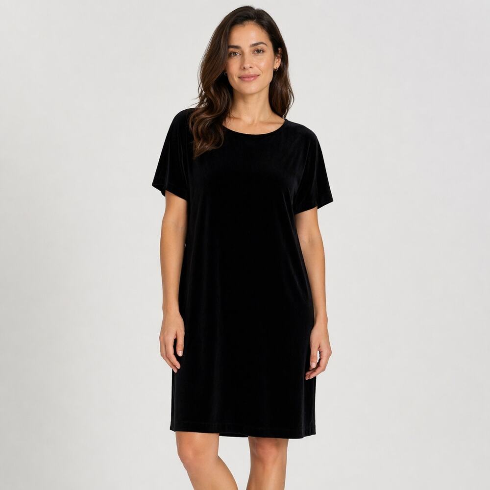 Eileen Fisher Stretch Velvet Shift Dress Size Small Black Short Sleeve Classic